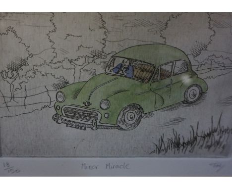 Mixed Lot of Prints and Pictures, to include a limited edition picture of a "Morris Minor" signed Tim, print of Highland catt