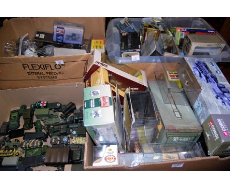 A box of mixed modern issue diecast military vehicles and 3x boxes of model boxes