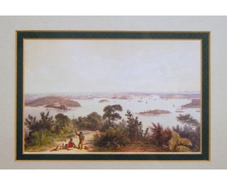 After George French Angas - View of Sydney, reproduction print; and H W Bell - Norfolk landscape, watercolour (2)