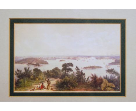 After George French Angas - View of Sydney, reproduction print; and H W Bell - Norfolk landscape, watercolour (2)