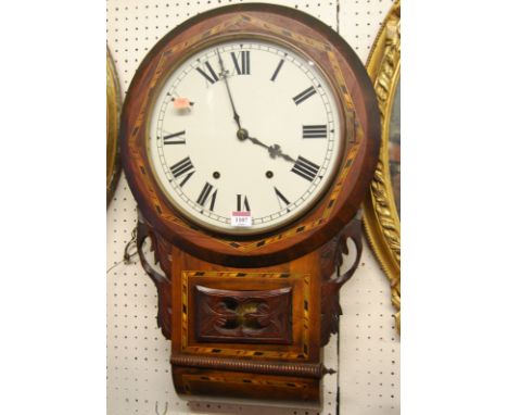 A Victorian walnut and tunbridge inlaid circular drop trunk wall clock, having twin winding holes