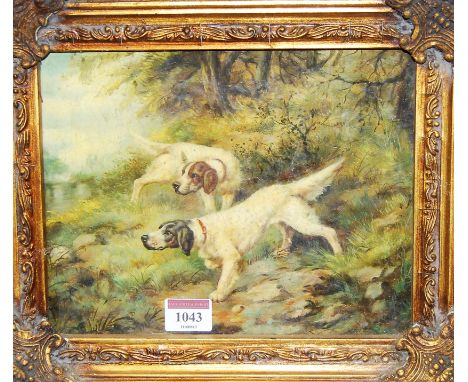A reproduction heavy gilt framed oleograph of hunting dogs; together with one other (2)