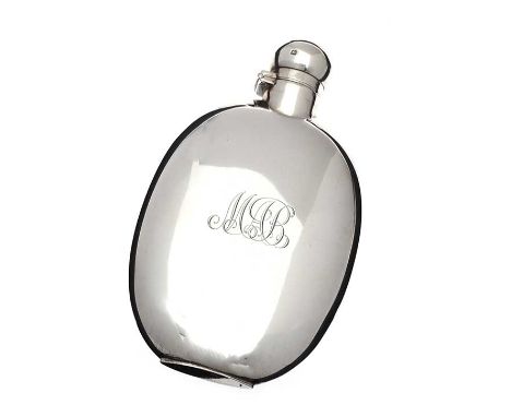 SILVER SPIRIT FLASK WITH HINGED LID.INSCRIBED M.B. TO FRONT.SHEFFIELD 1902.MAKER JAS DIXON AND SONS.HEIGHT: 5½ INCHES.WIDTH: 