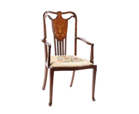 EDWARDIAN ARMCHAIR INLAID WITH SALINWOOD AND IVORY WITH TAPESTRY SEAT AND CAB LEGS.HEIGHT: 35 INCHES.WIDTH: 20 INCHES.DEPTH: 