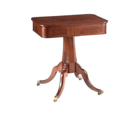 WILLIAM IV LAMP TABLE FITTED WITH ONE DRAWER AND ONE FALSE DRAWER ON SHAPED COLUMN AND FOUR SPLAYED LEGS WITH BRASS CUP TOE C