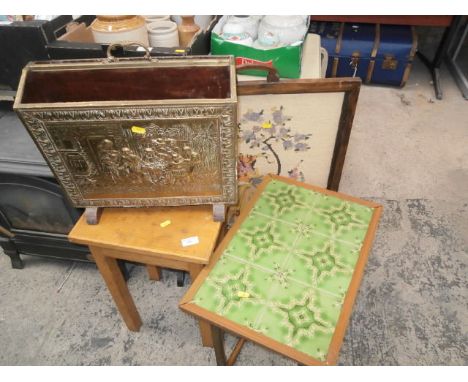 tile top table, fire screen, mag rack etc