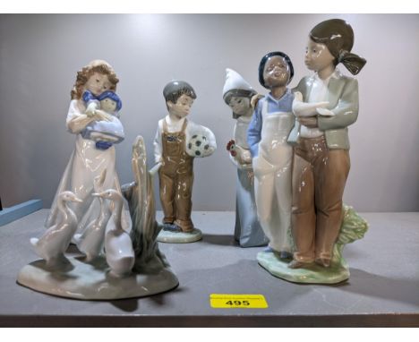 Five Nao porcelain models/figurines to include a boy holding a football, three geese, a girl holding a hen and two othersLoca