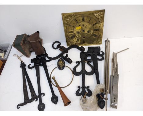 Metalware to include a bee smoke, a brass longcase clock face, wrought iron hinges, towel ring and other itemsLocation: 