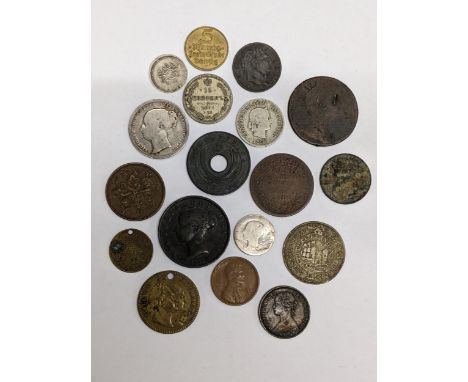 An interesting group of mixed coins to include a George III sixpence, Victorian shilling, groat, 1853 half penny, 1861, Farth