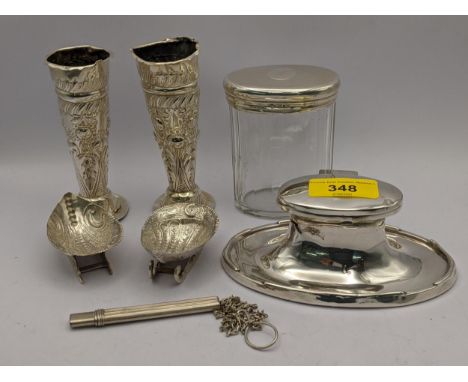 Silver to include a pair of weighted vases, a pair of salts, an inkwell A/F a lidded jar and a pencilLocation: 