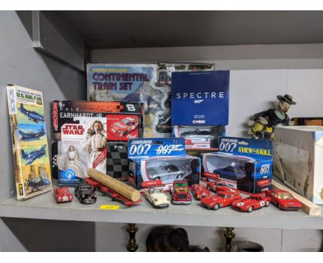Diecast model vehicles and others to include a 1/43 1963 Daimler Dart SP250 Police car, battery operated continental train se