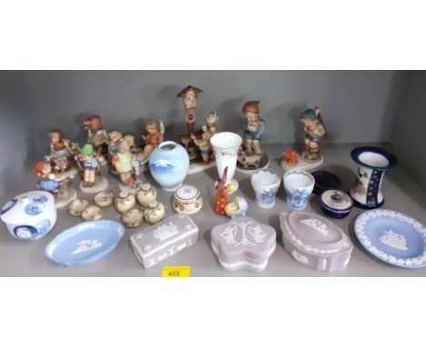 Late 20th century ornaments to include lilac and blue Wedgwood Jasperware, small Orientals and a quantity of Hummel figuresLo
