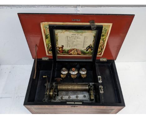 An early 20th century faux grained wood cased musical box with ten airs and three bells, comb missing pinsLocation: 