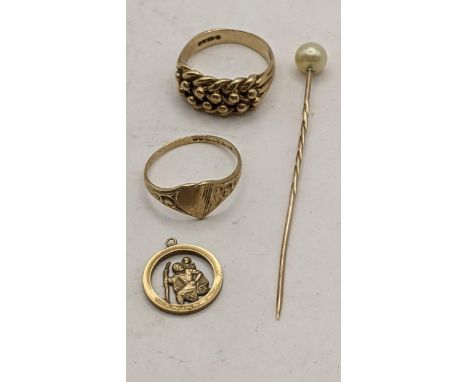 Two gold rings to include one of beaded design and heart shaped ring 5.4g, together with a yellow metal stick pin 0.9g and a 