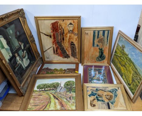 Pictures to include Mavarly - portraits, an interior scene, oil on canvas, an Indian portrait and three landscapes,, oilLocat