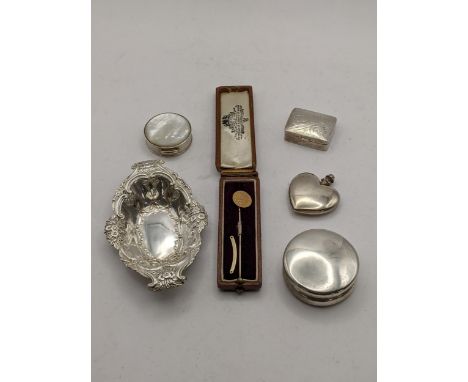 A mixed lot to include a yellow metal stick pin brooch and others together with silver items to include trinket boxes, and an