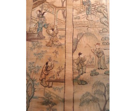 Two 19th Century Chinese embroidered panels A/F mounted on card having a gold ground with embroidered garden images to includ