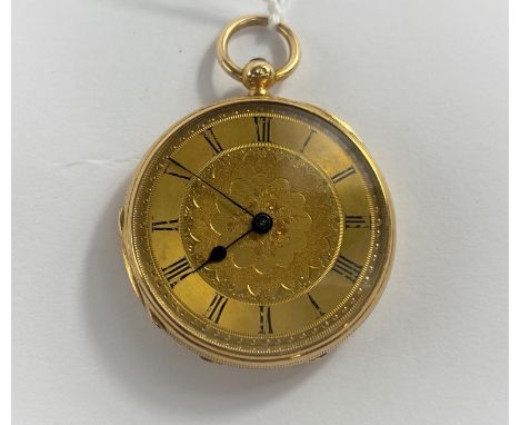 A Victorian 18 carat hallmarked gold fob/pocket watch, hunter style with engine turned decoration and chased dial, by Geo Moo