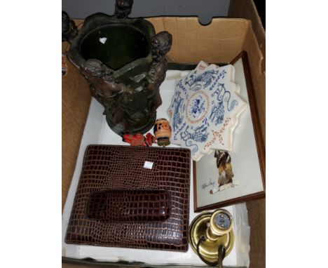 A crocodile skin effect cigar humidor; a Delft style tile; two Playboy ashtrays etc. 