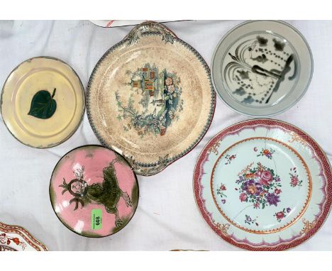 Three Japanese ceramic dishes, a Chinese export plate (a/f), another plate 