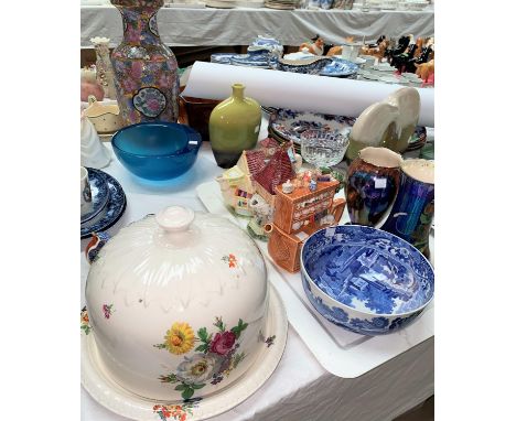 Devon Lustre vase depicting a galleon ship, a large Stilton dish and cover, Spode bowl, teapots, meat plate, glassware etc in