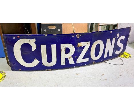 A rectangular early 20th century enamel sign, lettered "Curzon's", in white against a blue ground, 188 x 50cm. 