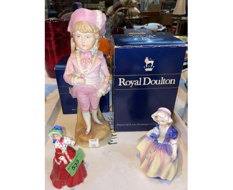 Two Royal Doulton miniature figures:  Dinky Do, HN 1678 &amp; Christmas Morn, HN 3212, with boxes; a bisque figure, young boy