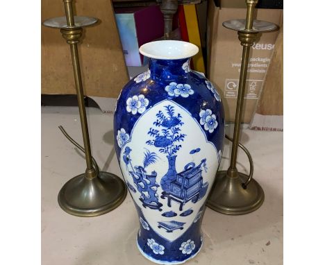 A Chinese blue & white baluster vase with 4 character signature to base, converted to table lamp; 2 other table lampsDrill ho