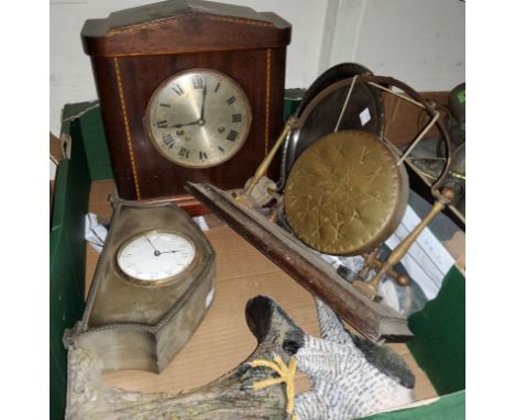 A silverplated mantle clock with 8 day French movement, another clock, etc. 