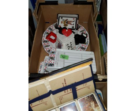 A set of 6 Elizabethan bone china Bridge scoring tablets, other related items, 10 baize card table cloths, numerous packs of 