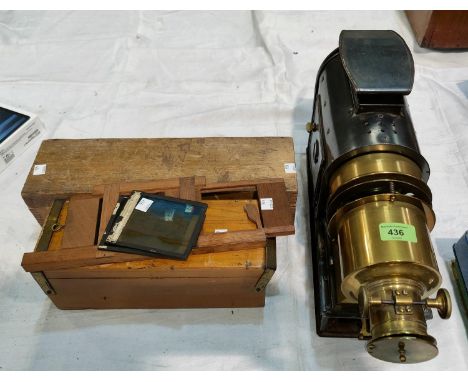 A converted brass and nickel lantern projector and a collection of various slides etc. 