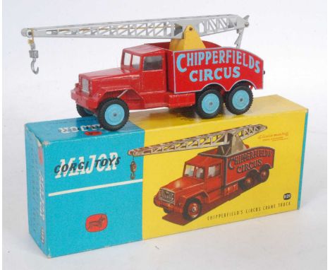 A Corgi Toys No. 1121 Chipperfields Circus crane truck comprising of red body with blue lettering and light blue hubs, housed