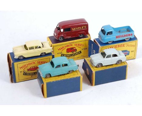 Five various boxed Matchbox 1/75 series commercial vehicles and saloons all housed in original boxes, boxes with damage to en