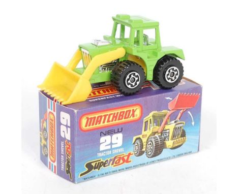 A Matchbox Superfast No. 29 tractor shovel finished in lime green with yellow shovel and yellow base, rare example from the G