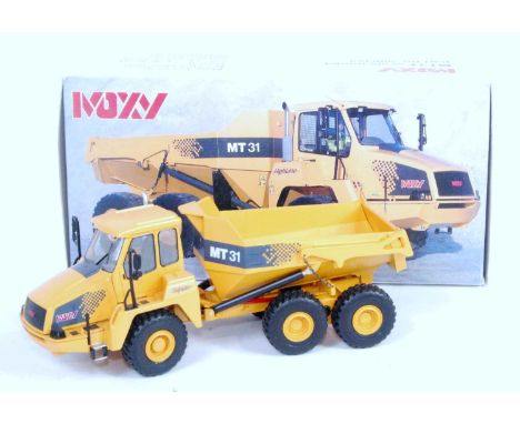 An NZG No. 501 1/50 scale model of a Moxy MT31 Highline articulated dump truck, housed in the original polystyrene packed box