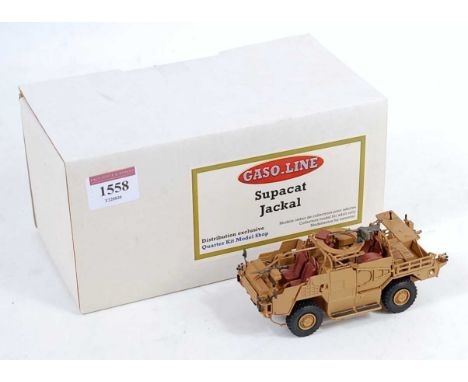 A Gaso-line No. GAS48112K 1/48 scale resin factory built model of a Jackal Koyote Supacat, finished in sand livery, housed in