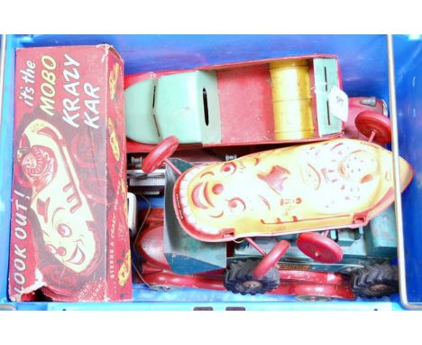 One box containing a large quantity of various tinplate and pressed steel children's toys and accessories to include a Buddy 