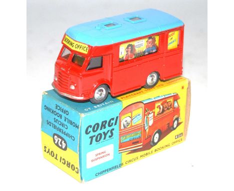 A Corgi Toys No. 426 Chipperfields Circus mobile booking office, comprising of red and blue body with Booking Office sticker 