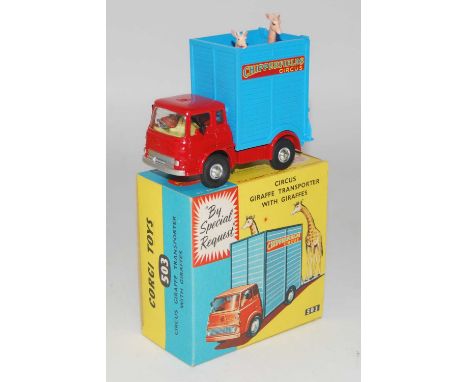 A Corgi Toys No. 503 Chipperfields Circus giraffe transporter comprising of red cab and chassis with blue back, two giraffe f