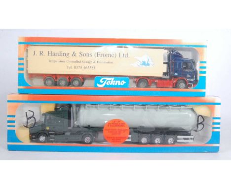 A Tekno 1/50 scale boxed road transport diecast group, to include an HP Freund Scania T cab with silo tanker trailer, togethe