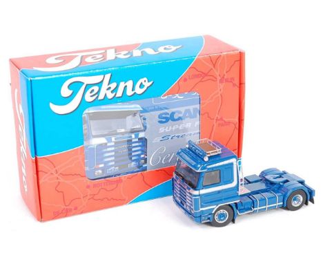 A Tekno 1/50 scale model of a C Eaton Scania Superfire Streamline tractor unit, finished in blue &amp; silver with Arabic liv