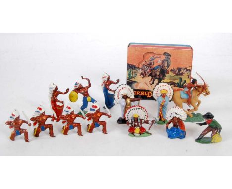 A collection of Herald Lonestar and other lead hollow cast and plastic plains Indians figures to include a boxed Herald No. 8