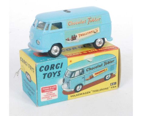 A Corgi Toys No. 441 Volkswagen Toblerone delivery van comprising of light blue body with yellow interior and spun hubs with 