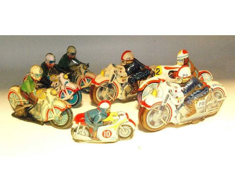 A collection of seven various boxed and loose mixed tinplate, clockwork, and friction drive police and saloon motorcyclists, 