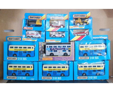 A collection of various mixed scale Matchbox blue window boxed and commemorative released diecast vehicles and accessories to