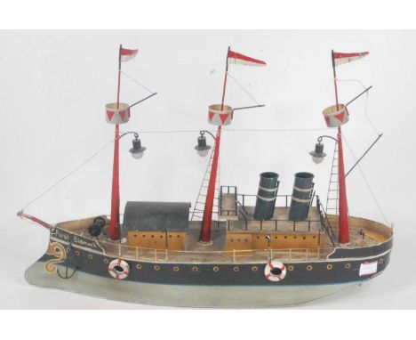 A reproduction Marklin style tinplate model of the Furst Bismark, nicely tinprinted and decorated in greys, oranges, and reds