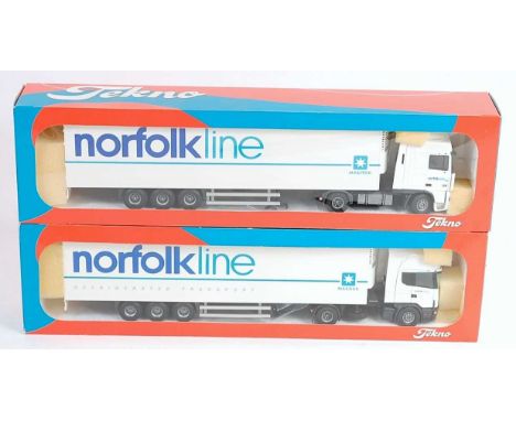 A Tekno 1/50 scale Norfolkline Maersk road haulage diecast group to include a DAF XF 430 tractor unit with refrigerated trail