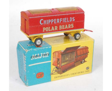A Corgi Toys No. 1123 Chipperfields Circus animal cage wagon comprising of red and blue body with yellow chassis and plastic 