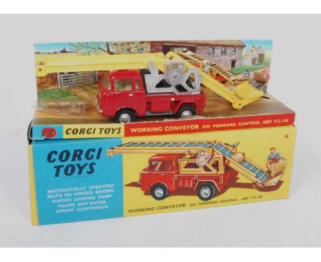 A Corgi Toys No. 64 working conveyor on Ford Control Jeep with farm hand and farm sacks comprising of red body with yellow co