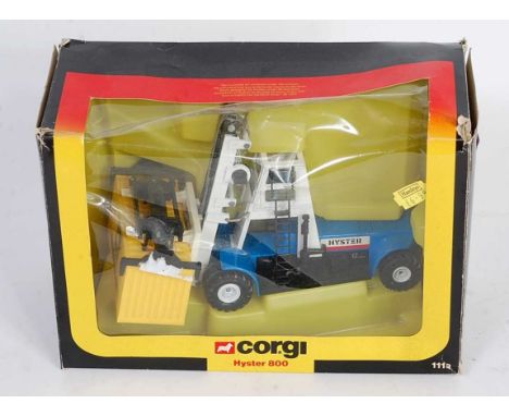 A Corgi Toys No. 1113 Hyster 800 container forklift, comprising blue, black &amp; white body with Michelin yellow plastic con